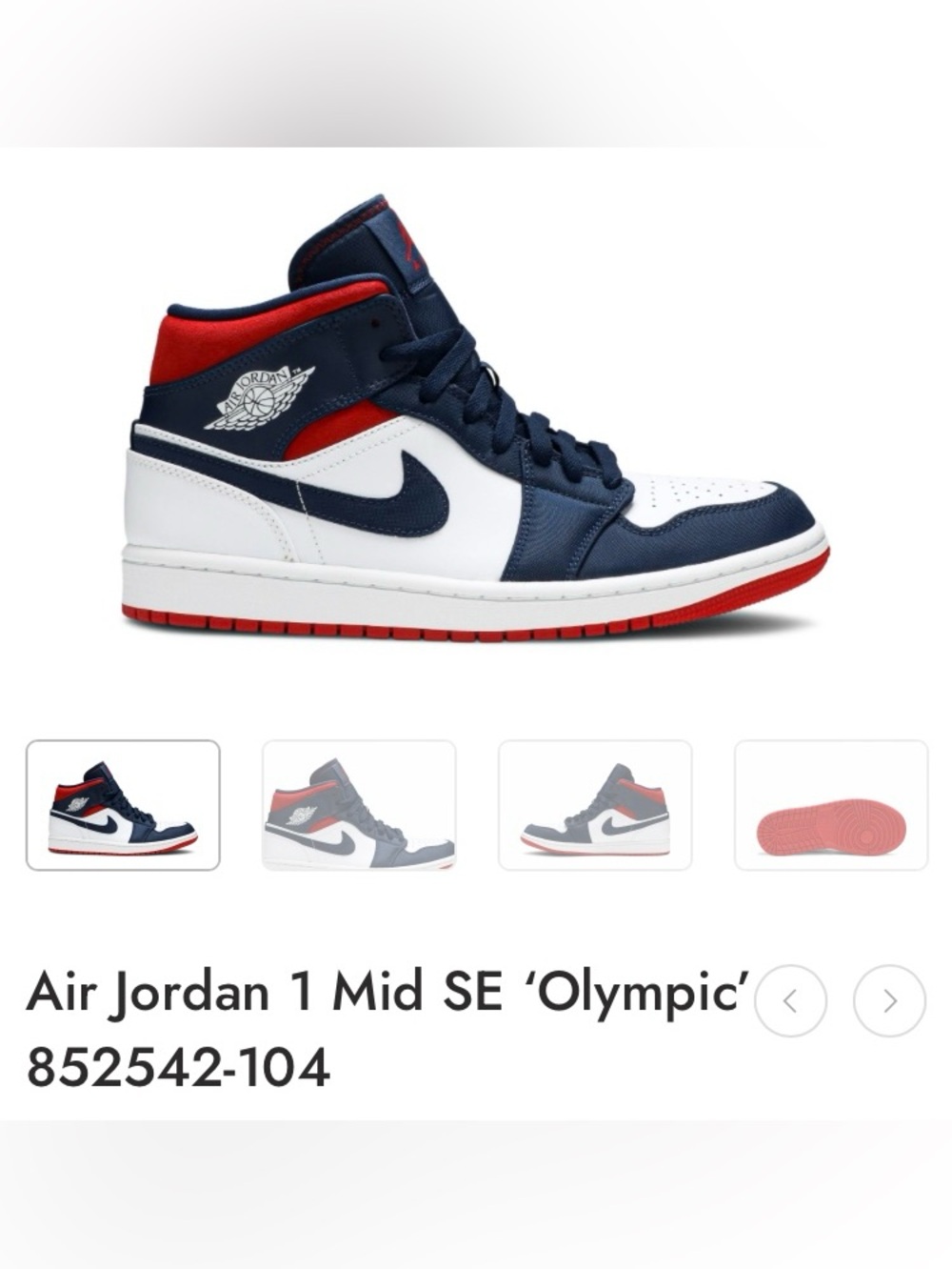 Nike Air Jordan 1 Mid  SE Olympic USA 
Women’s Sneakers 852542-104 
Size 8